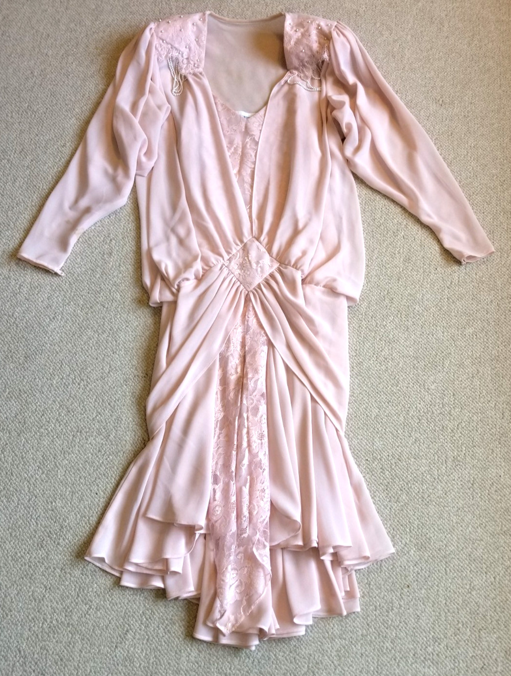 VINTAGE Womens Dress-CASADEI-pink chiffon/lace drop waist beading Flapper-6